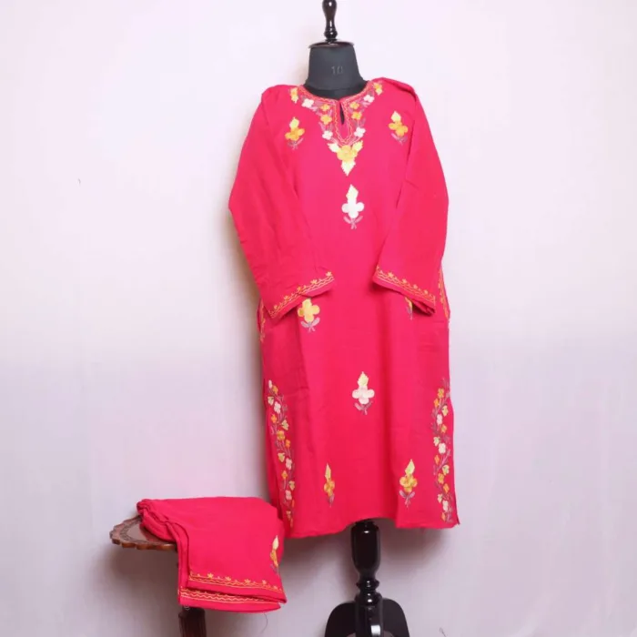 Hot Pink Cashmilon Border Boothidar Woolen Pheran Set with Aari Embroidery - Saidakadal Collection