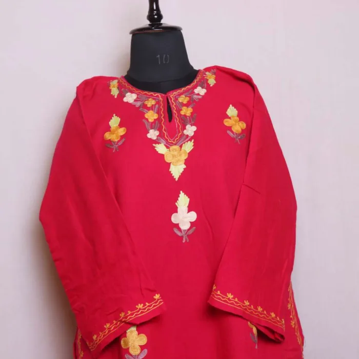 Hot Pink Cashmilon Border Boothidar Woolen Pheran Set with Aari Embroidery - Saidakadal Collection - Image 2