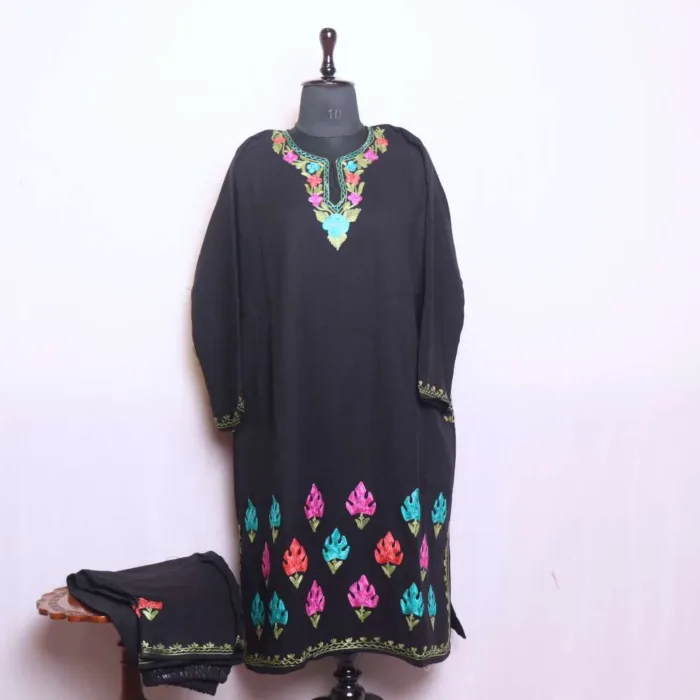 Elegant Black Cashmilon Aari Worked Border Boothidar Woolen Pheran Set for Winter Wear - Saidakadal Collection