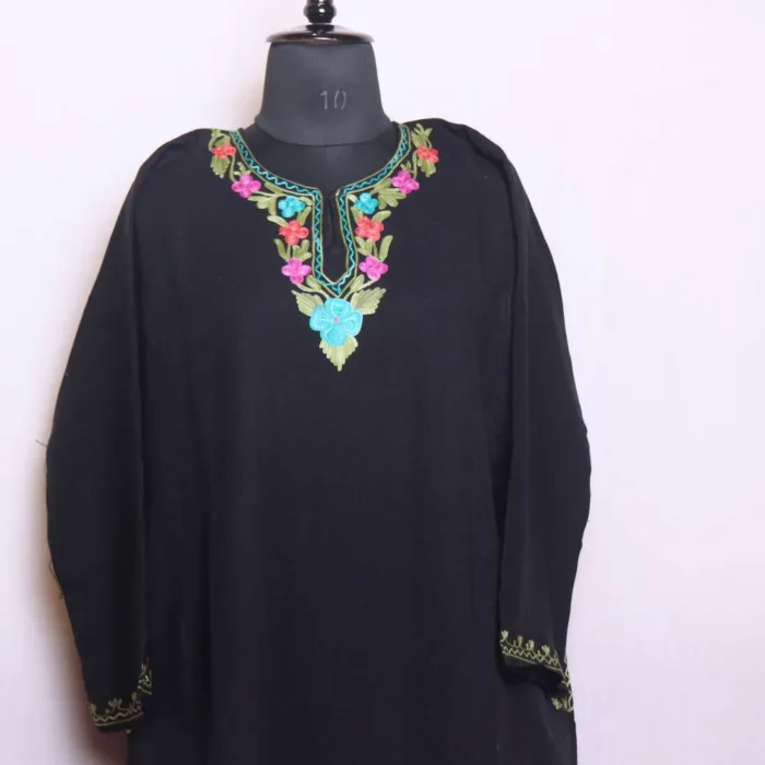 Elegant Black Cashmilon Aari Worked Border Boothidar Woolen Pheran Set for Winter Wear - Saidakadal Collection - Image 2