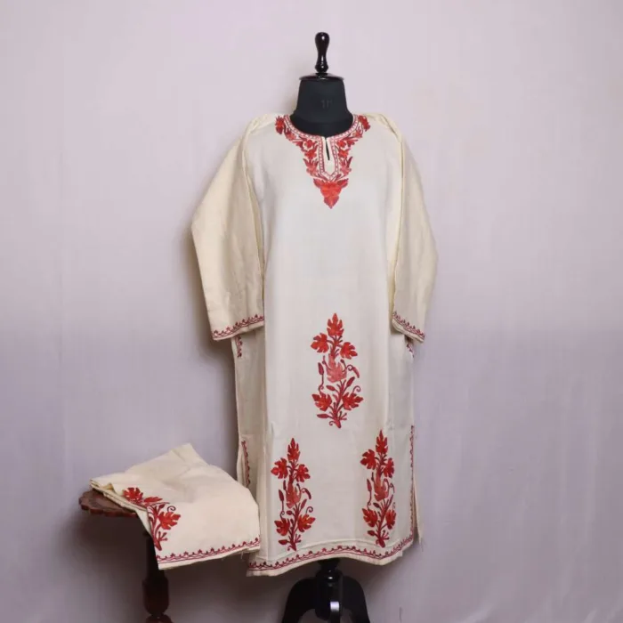 Classic Cream Border Boothidar Cashmilon Woolen Pheran Set with Aari Embroidery - Saidakadal Collection