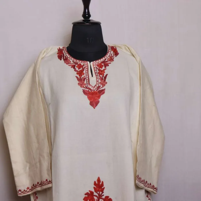 Classic Cream Border Boothidar Cashmilon Woolen Pheran Set with Aari Embroidery - Saidakadal Collection - Image 2