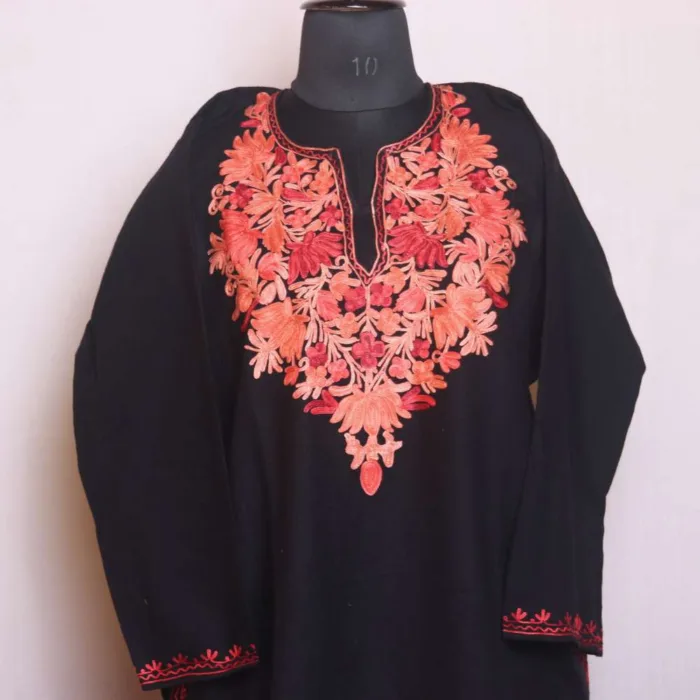 Black Exquisite Aari Worked Cashmilon Pheran - Chattabal Collection