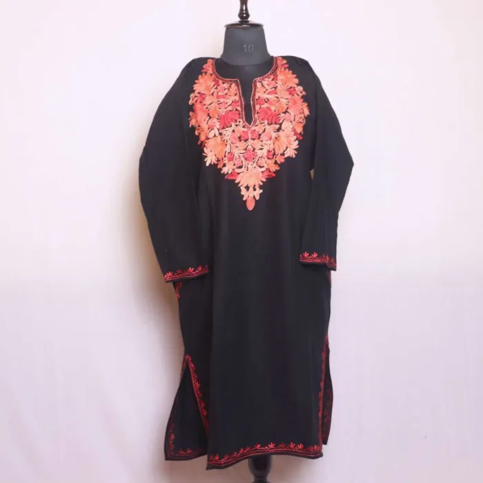 Black Exquisite Aari Worked Cashmilon Pheran - Chattabal Collection - Image 2