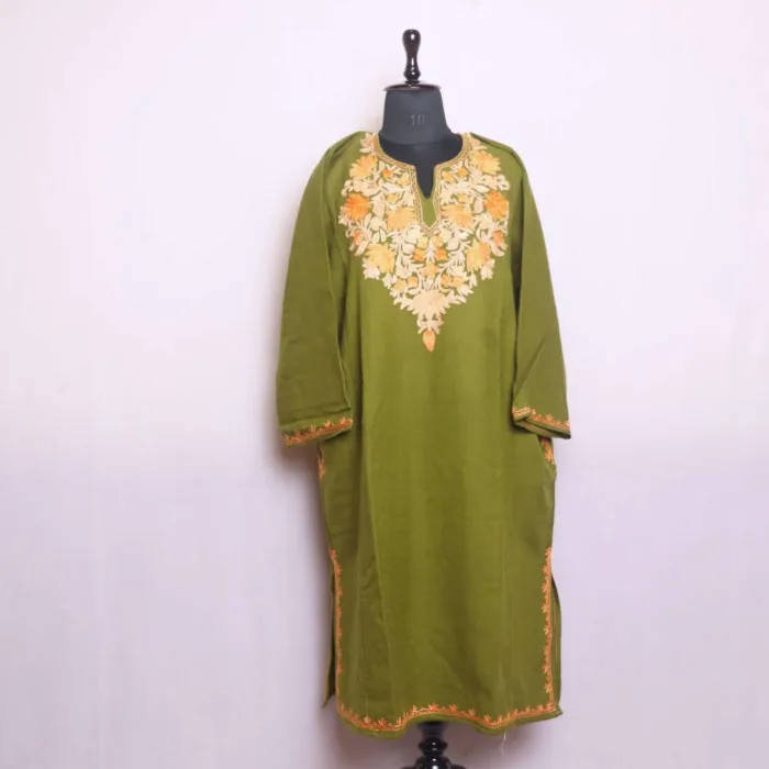 Olive Green Cashmilon Aari Embroidered Pheran with Winter Elegance - Saidakadal Collection - Image 2