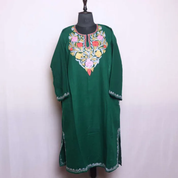 Elegant Dark Green Cashmil lon Aari Embroidered Pheran - Dal Lake Collection - Image 2