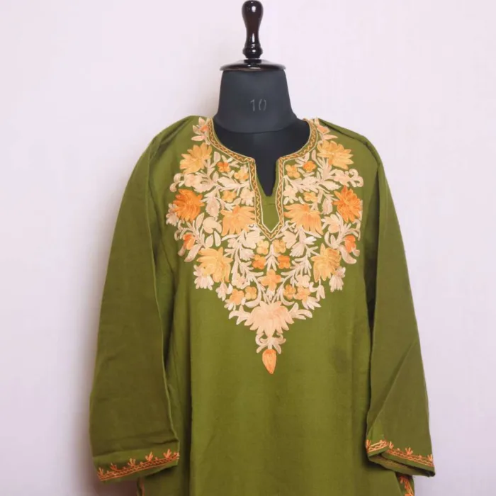 Olive Green Cashmilon Aari Embroidered Pheran with Winter Elegance - Saidakadal Collection