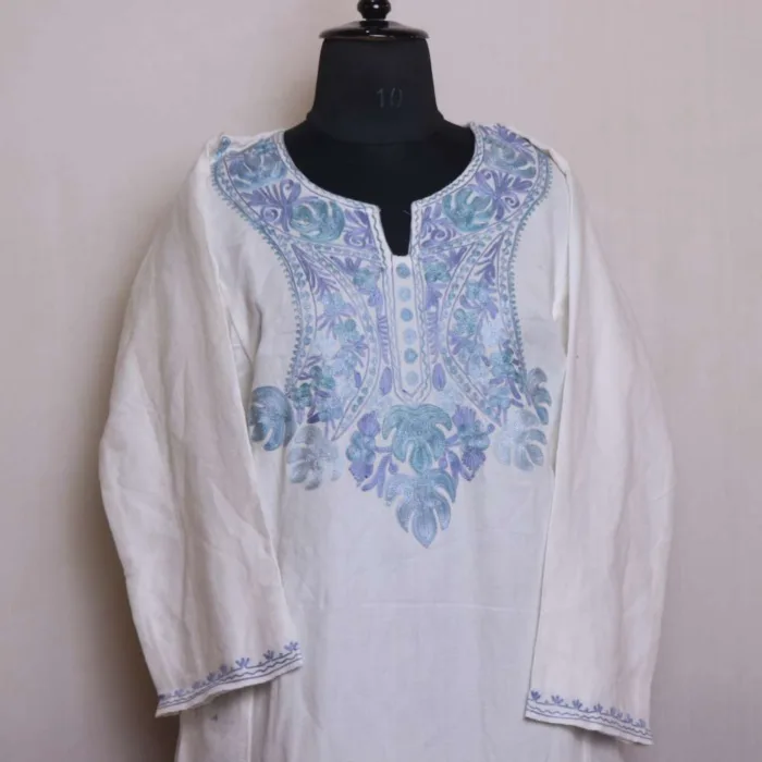 Elegant Off White Cashmilon Pheran with Intricate Aari Embroidery | Saida-Kadal Collection