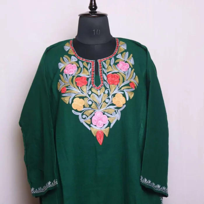 Elegant Dark Green Cashmil lon Aari Embroidered Pheran - Dal Lake Collection