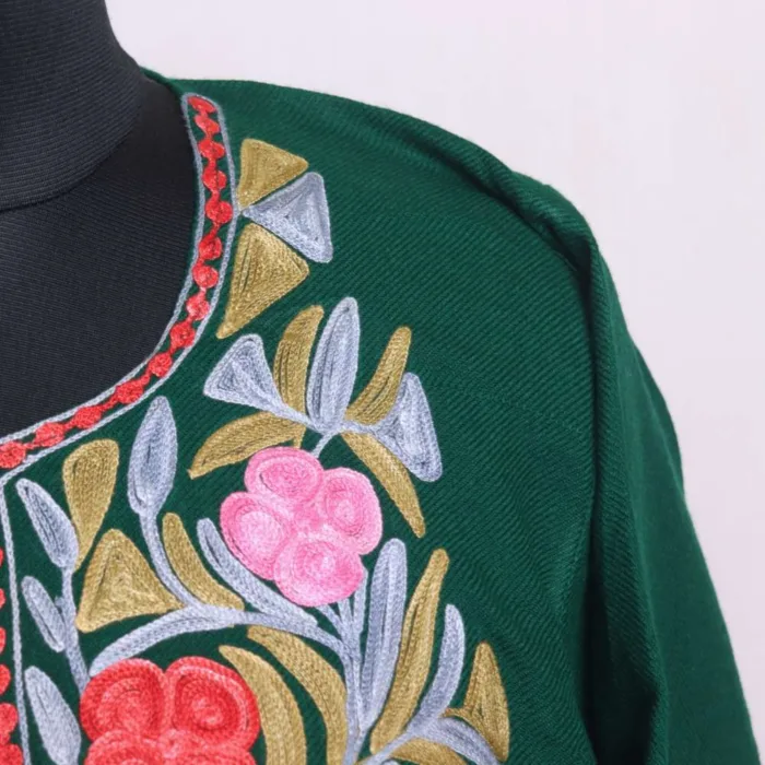 Elegant Dark Green Cashmil lon Aari Embroidered Pheran - Dal Lake Collection - Image 3