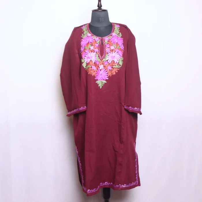 Winter-Ready Maroon Cashmillon Pheran with Aari Detailing - Dal Lake Collection - Image 2