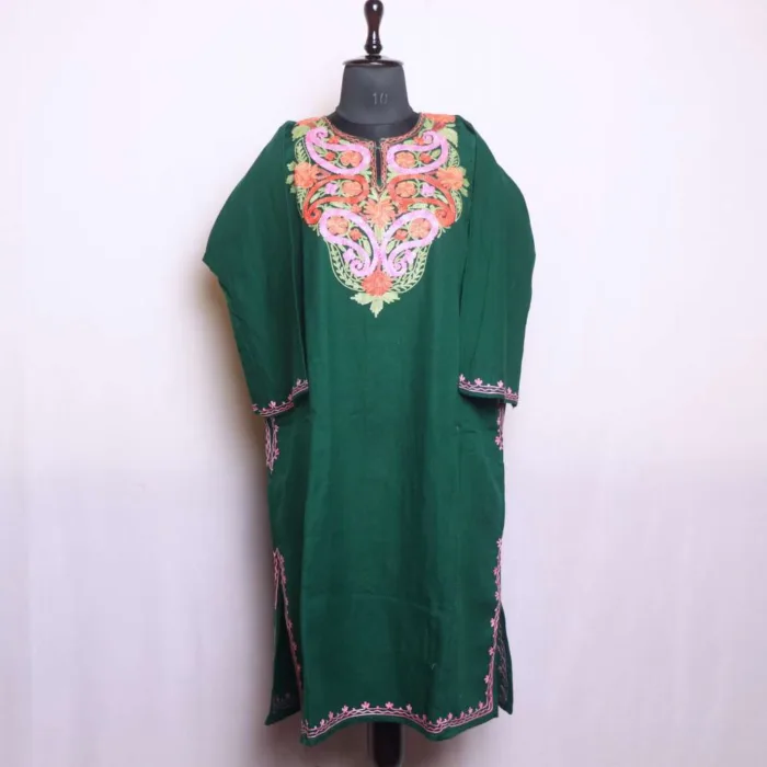 Elegant Dark Green Cashmilon Pheran with Intricate Aari Work - Dal Lake Collection - Image 2