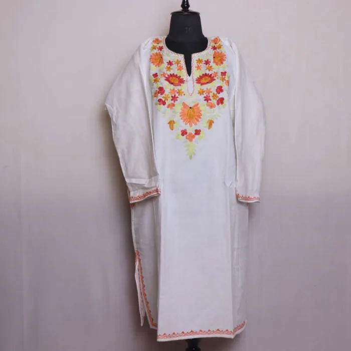 Stylish White Aari Embroidered Cashmilon Pheran for Winter Wear - Saidakadal Collection - Image 2