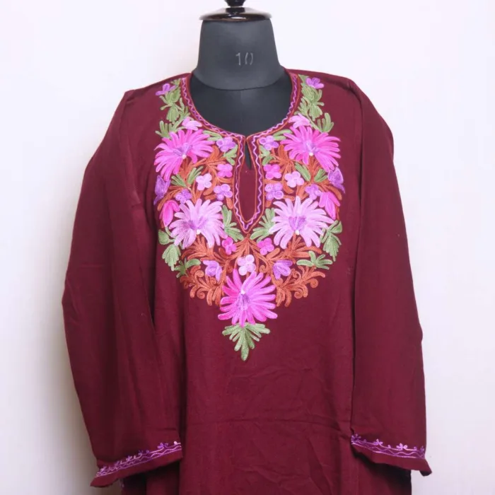 Winter-Ready Maroon Cashmillon Pheran with Aari Detailing - Dal Lake Collection