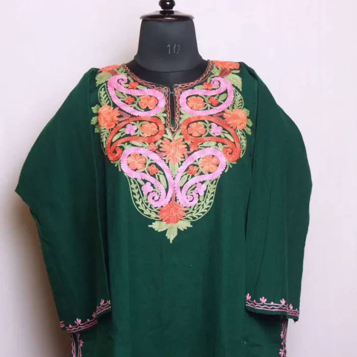 Elegant Dark Green Cashmilon Pheran with Intricate Aari Work - Dal Lake Collection