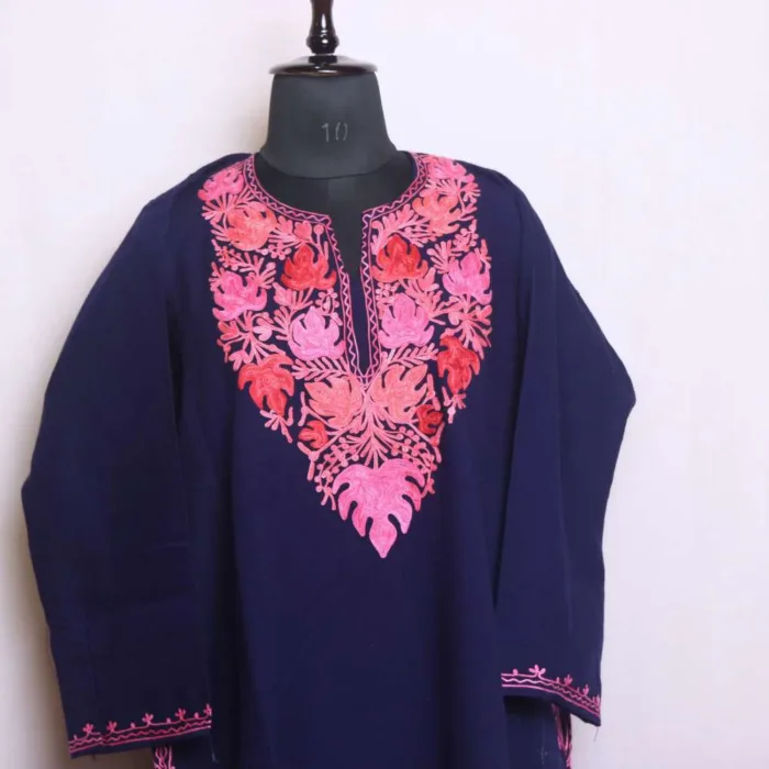 Elegant Dark Blue Cashmilon Pheran with Aari Work Detailing - Babedemb Collection