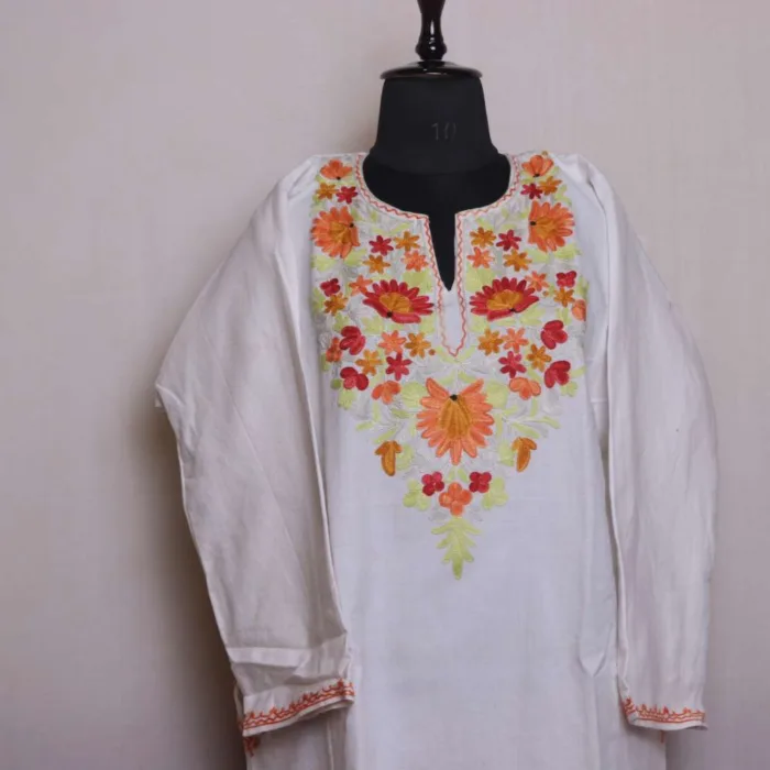 Stylish White Aari Embroidered Cashmilon Pheran for Winter Wear - Saidakadal Collection