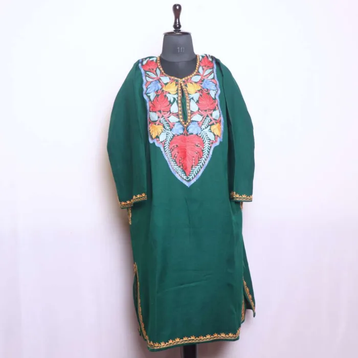 Beautifully Designed Aari Worked Dark Green Cashmilon Pheran - Dal Lake Collection - Image 2