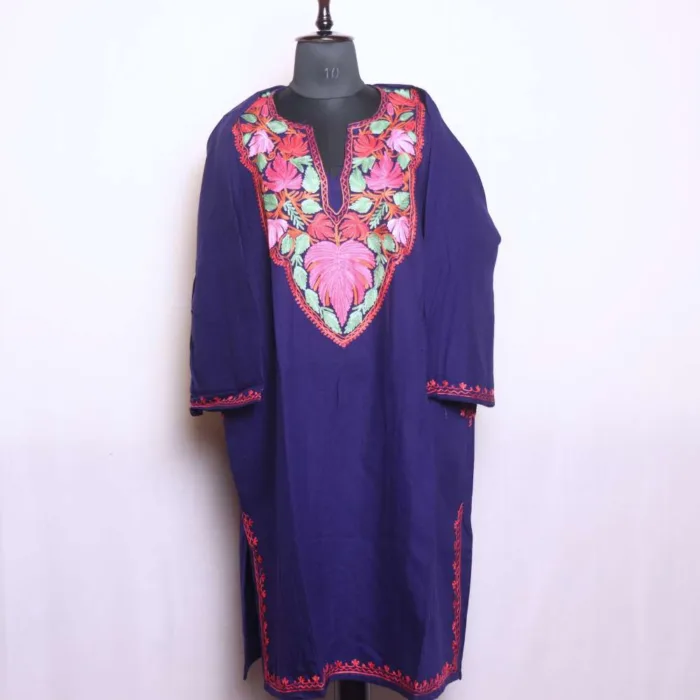 Stylish Dark Blue Aari Embroidered Winter Loose Pheran in Cashmilon (55,44) - Dal Lake Collection - Image 2