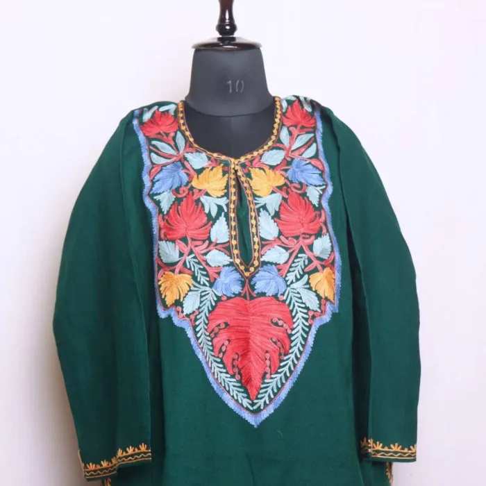 Beautifully Designed Aari Worked Dark Green Cashmilon Pheran - Dal Lake Collection