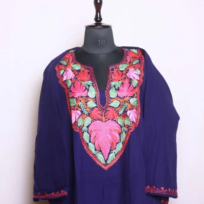 Stylish Dark Blue Aari Embroidered Winter Loose Pheran in Cashmilon (55,44) - Dal Lake Collection