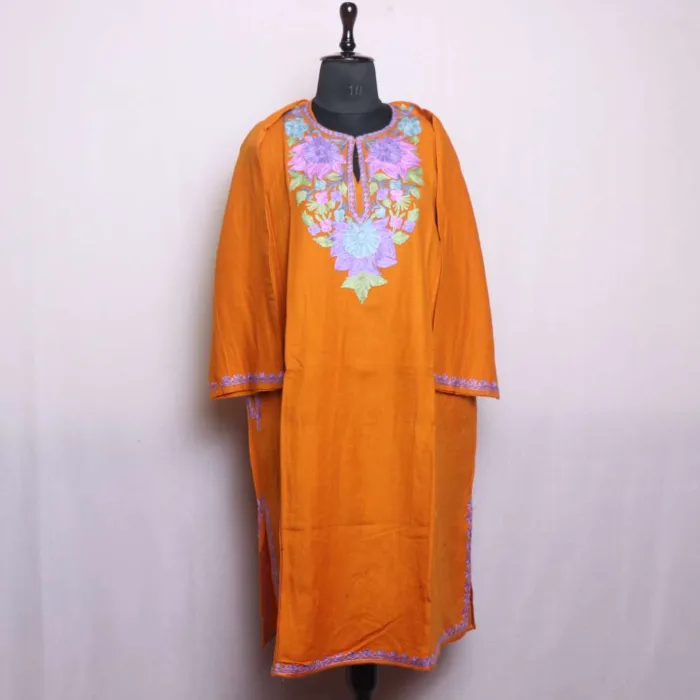 Mustard Cashmilon Pheran Featuring Intricate Aari Embroidery - Dal Lake Collection - Image 2