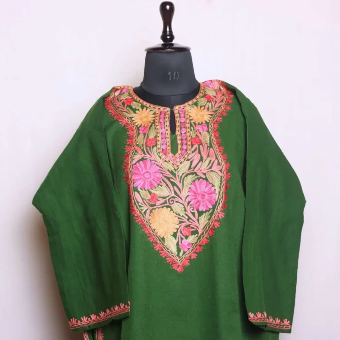 Elegent Green  Cashmilon Pheran | Beautiful Aari Patterns - Dal Lake Collection