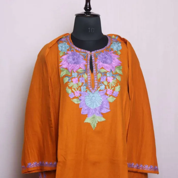 Mustard Cashmilon Pheran Featuring Intricate Aari Embroidery - Dal Lake Collection