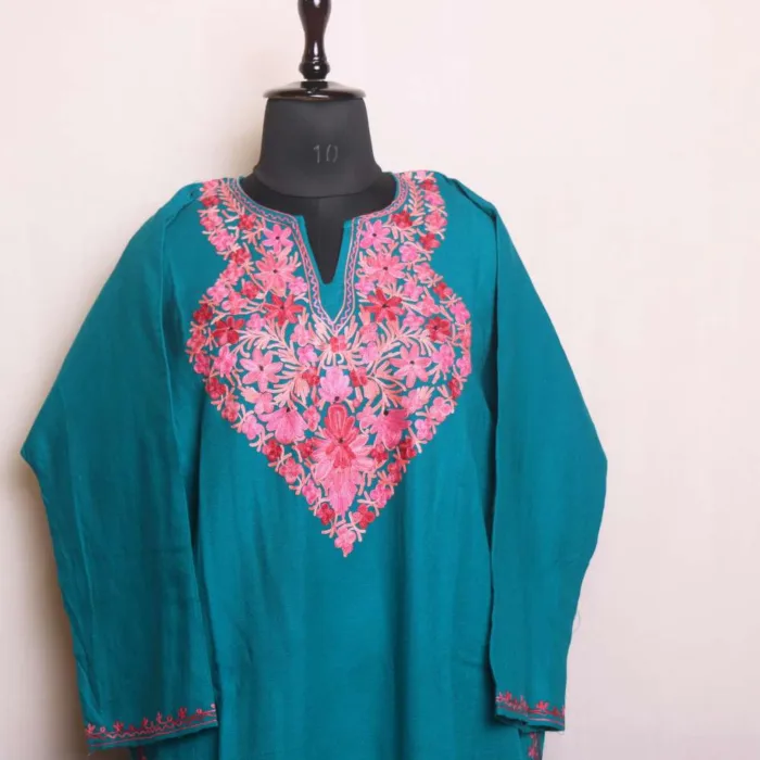 Aqua Blue Aari Work Pheran in Cashmilon Fabric - Babedemb Collection