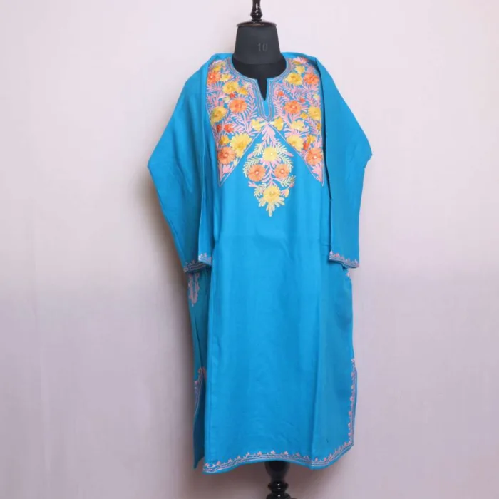 Kashmiri Cashmilon Blue Pheran Adorned with Aari Work | Saida-Kadal Collection - Image 2