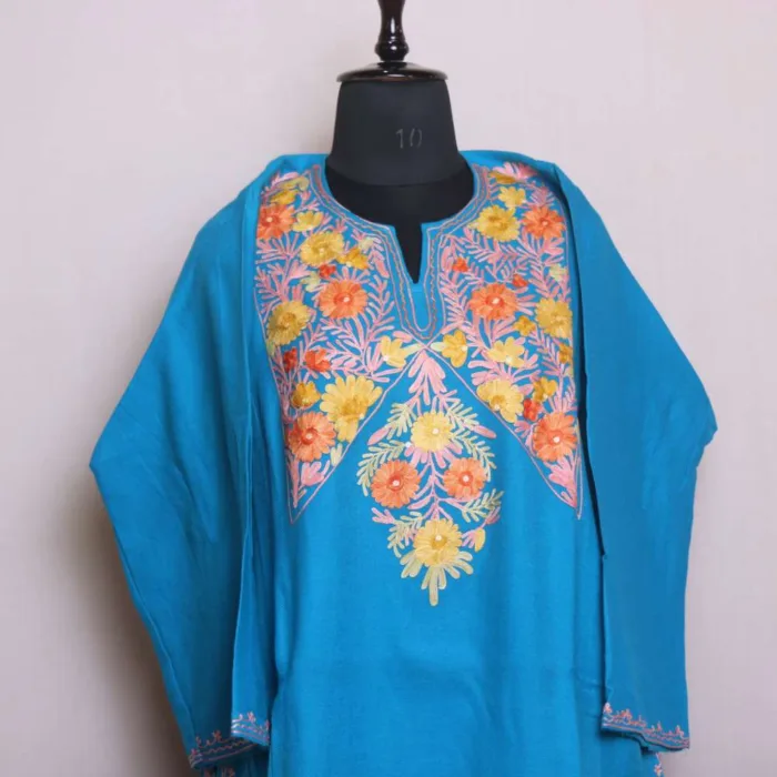 Kashmiri Cashmilon Blue Pheran Adorned with Aari Work | Saida-Kadal Collection