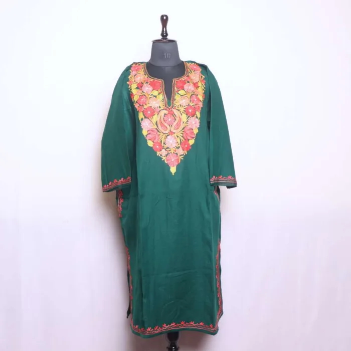 Soft Cashmilon Dark Green Pheran with Artistic Aari Patterns - Dal Lake Collection - Image 2