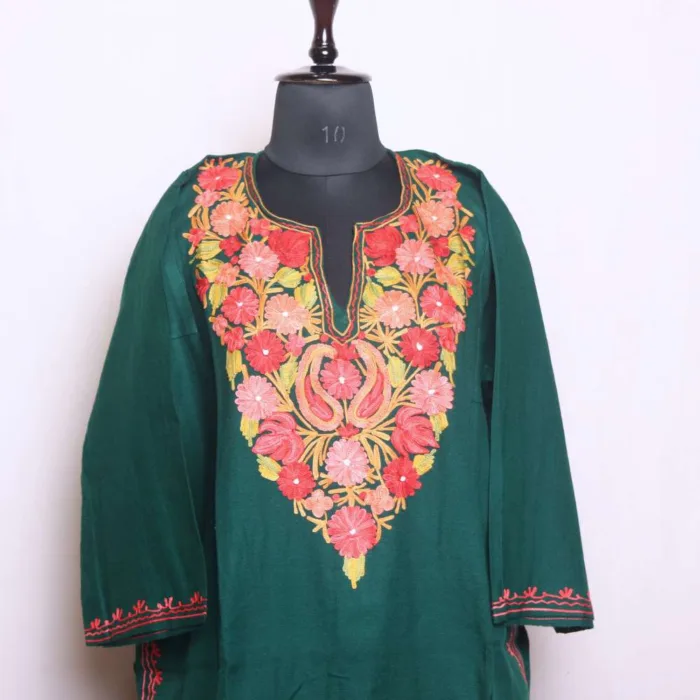 Soft Cashmilon Dark Green Pheran with Artistic Aari Patterns - Dal Lake Collection