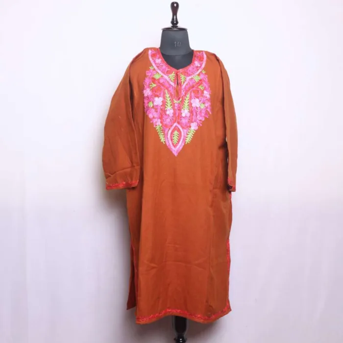 Rustic Red Aari Embroidered Cashmilon Pheran for Winter Wear - Dal Lake Collection - Image 2