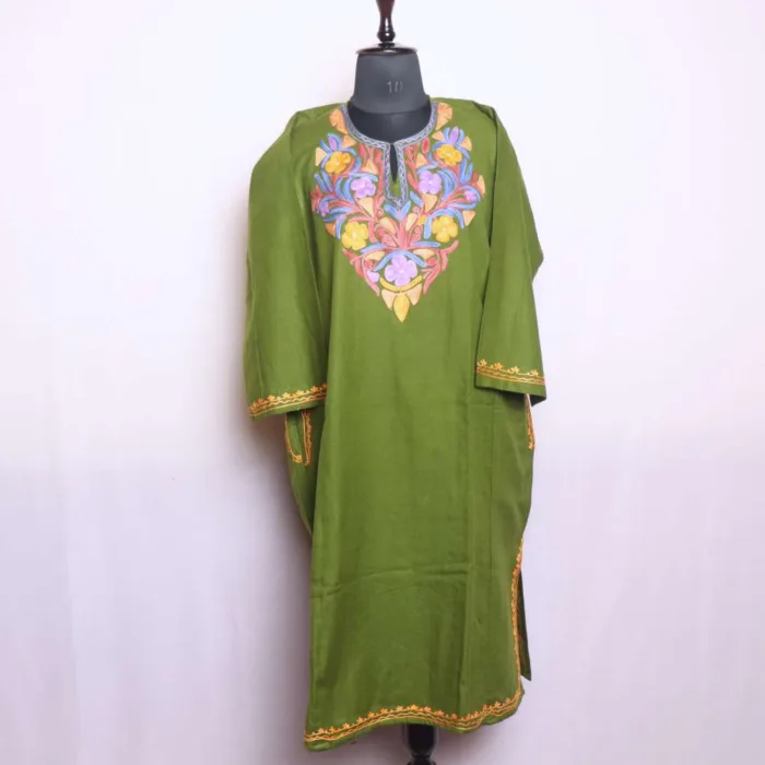 Olive Cashmilon Pheran with Artistic Aari Embroidery - Dal Lake Collection - Image 2