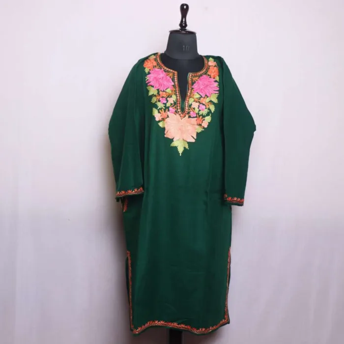 Beautiful Aari Embroidery on Soft Cashmilon Dark Green Winter Pheran - Dal Lake Collection - Image 2