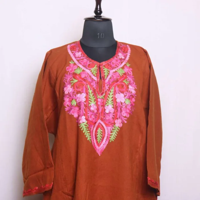 Rustic Red Aari Embroidered Cashmilon Pheran for Winter Wear - Dal Lake Collection