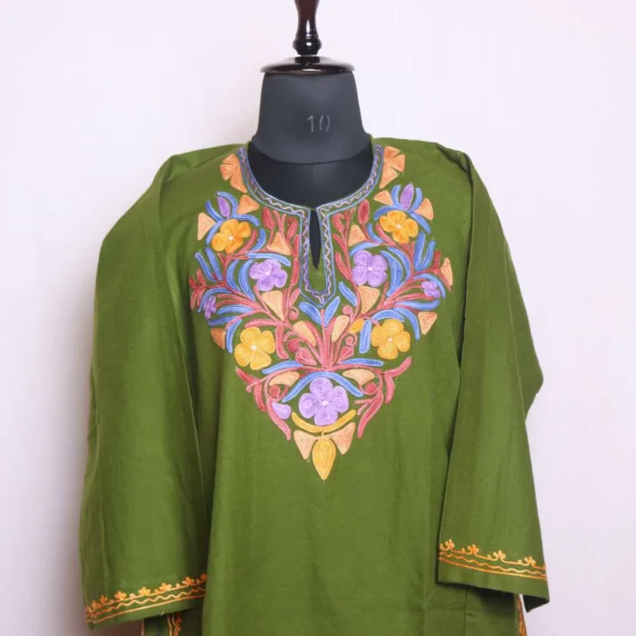 Olive Cashmilon Pheran with Artistic Aari Embroidery - Dal Lake Collection