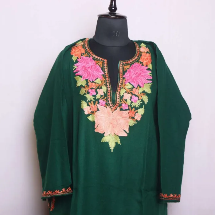 Beautiful Aari Embroidery on Soft Cashmilon Dark Green Winter Pheran - Dal Lake Collection