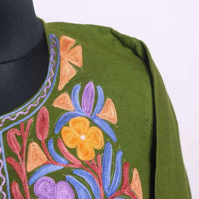 Olive Cashmilon Pheran with Artistic Aari Embroidery - Dal Lake Collection - Image 3