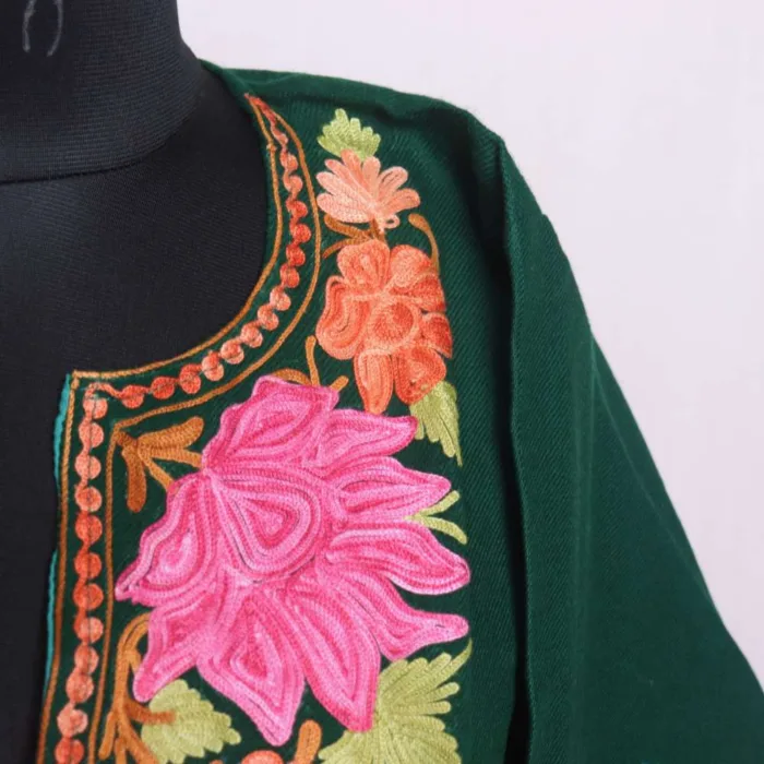 Beautiful Aari Embroidery on Soft Cashmilon Dark Green Winter Pheran - Dal Lake Collection - Image 3