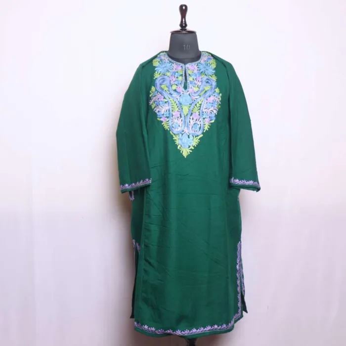 dark Green Cashmilon Pheran with Aari Embroidery - Dal Lake Collection - Image 2