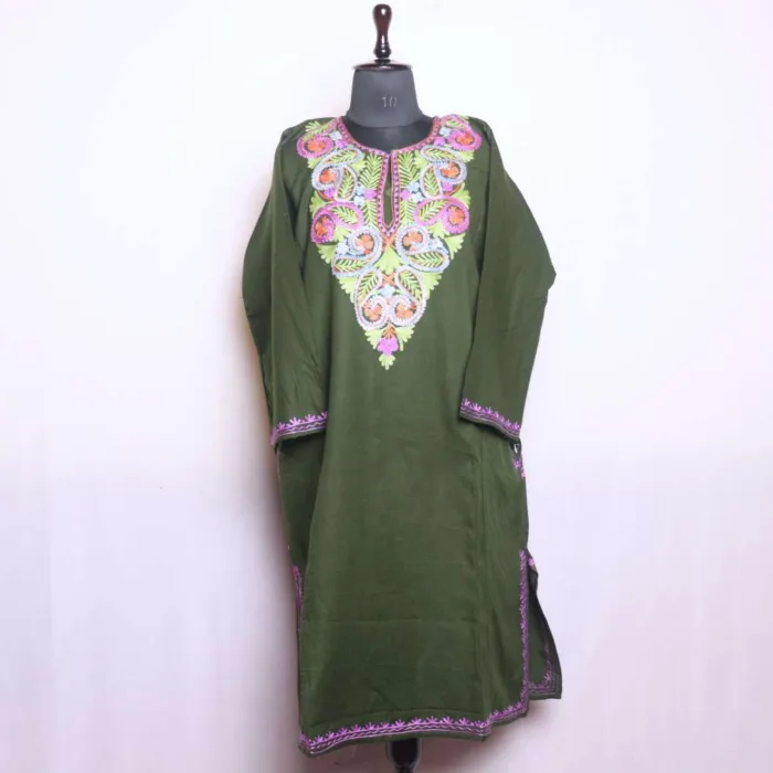 Sophisticated Olive Green Aari Embroidered Pheran for Winter Wear - Dal Lake Collection - Image 2