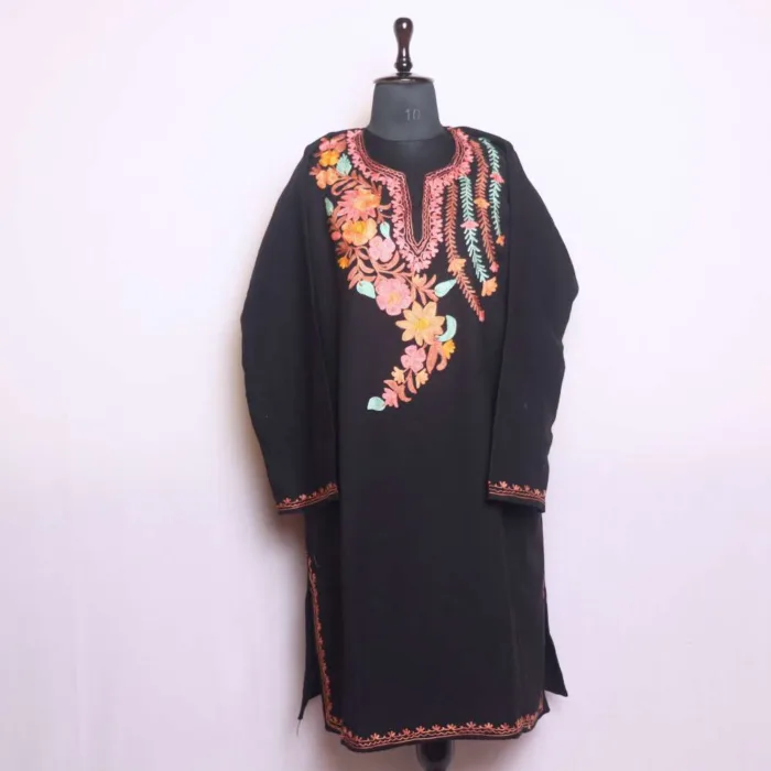 Classic Black Aari Embroidered Cashmilon Pheran for Cold Days | Saida-Kadal Collection - Image 2