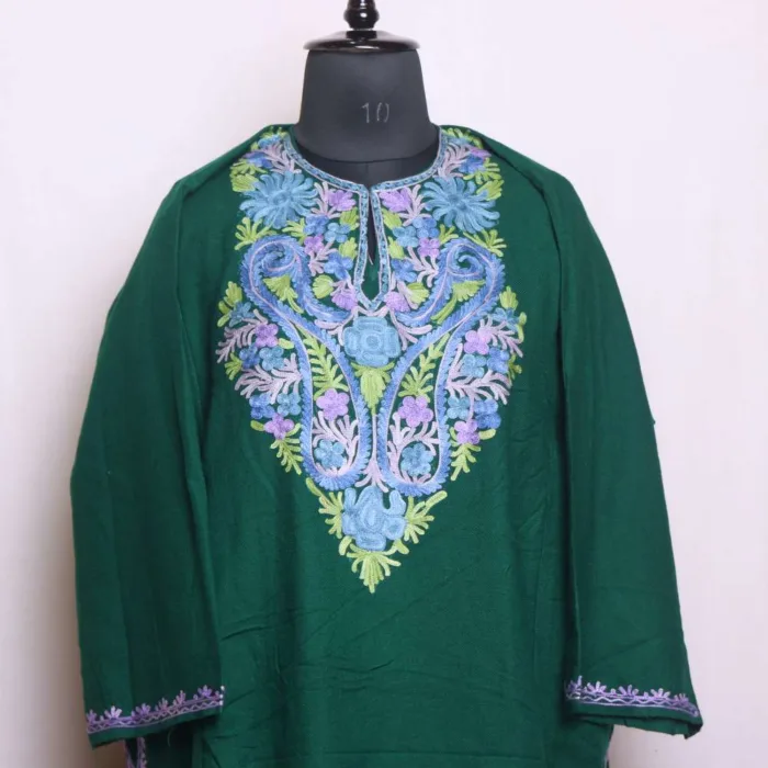 dark Green Cashmilon Pheran with Aari Embroidery - Dal Lake Collection