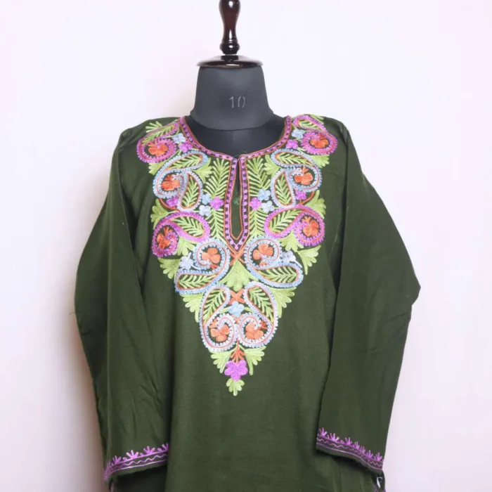 Sophisticated Olive Green Aari Embroidered Pheran for Winter Wear - Dal Lake Collection