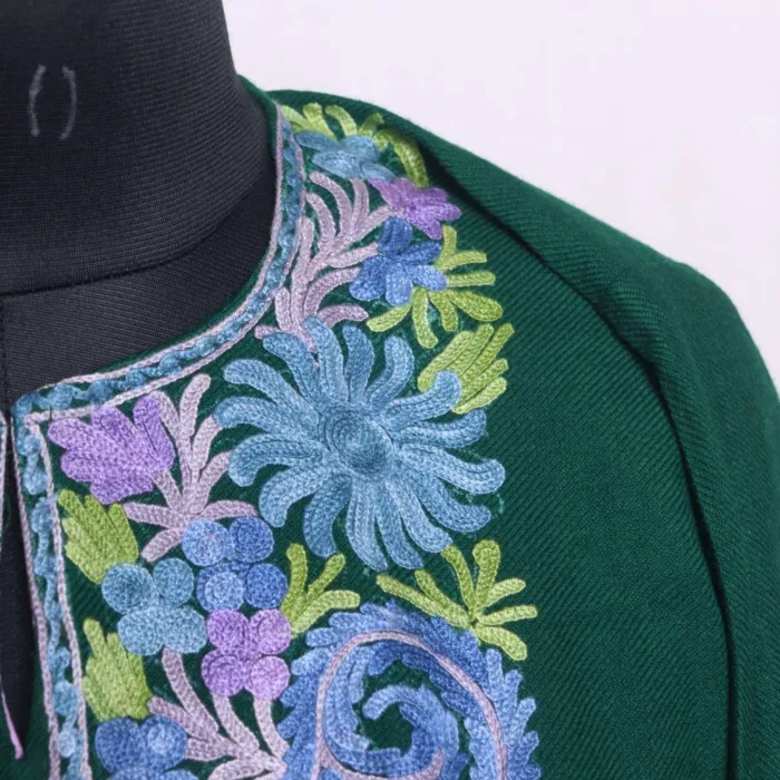 dark Green Cashmilon Pheran with Aari Embroidery - Dal Lake Collection - Image 3