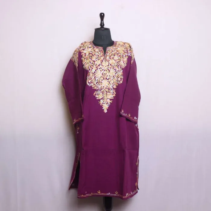 Cozy Winter Aari Front-Back Work Dark Magenta Colored Pheran in Soft Cashmilon - Babedemb Collection - Image 2