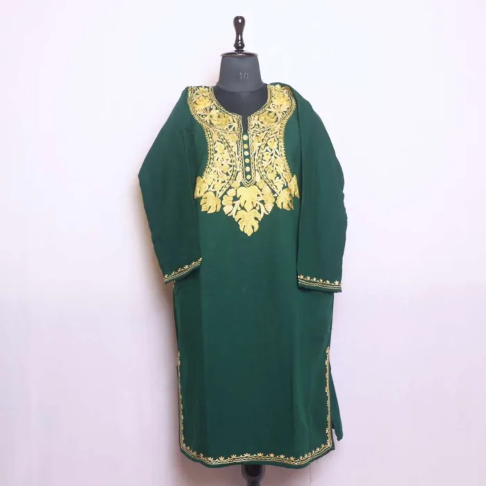 Soft and Cozy Forest Green Cashmilon Pheran with Elegant Aari Patterns | Saida-Kadal Collection - Image 2