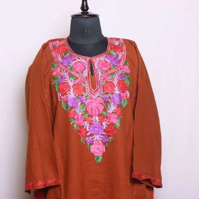 Brown Cashmilon Aari Embroidered Pheran for Winter Comfort - Dal Lake Collection